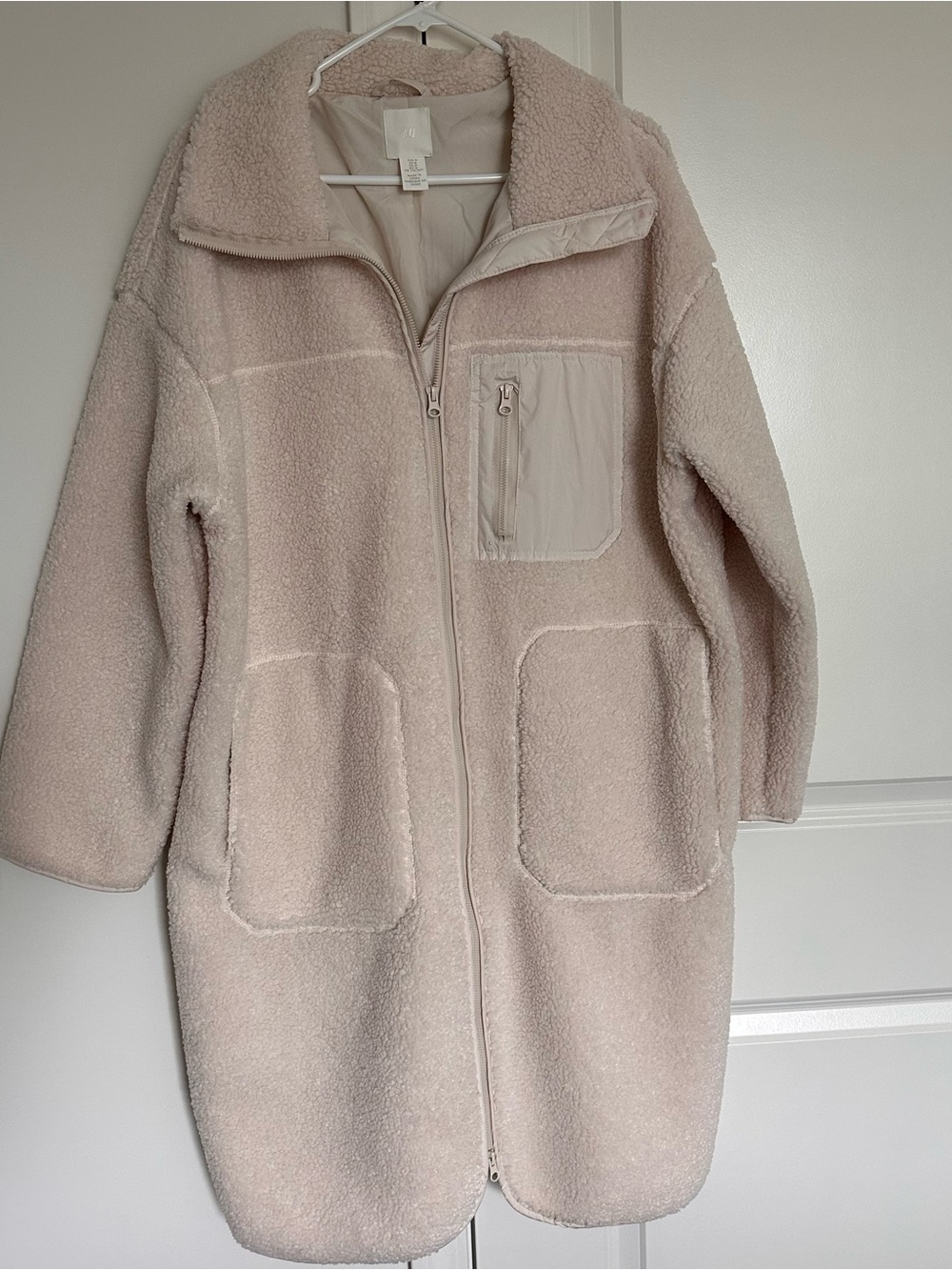 H&M Light Cream Teddy Fleece Long Zip Coat